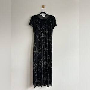 Vintage 90s Black Mesh Maxi Dress Floral Sheer Overlay Grunge Goth Dress 6